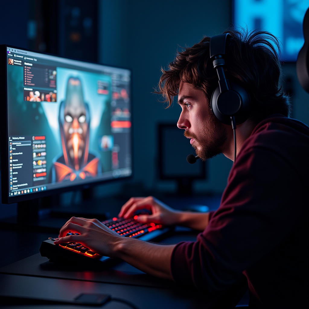 A dramatic visualization of a gamer experiencing intense emotional stress during competitive play, with visual metaphors showing psychological pressure, ego threat, and loss of control through fragmented screen effects and tension indicators