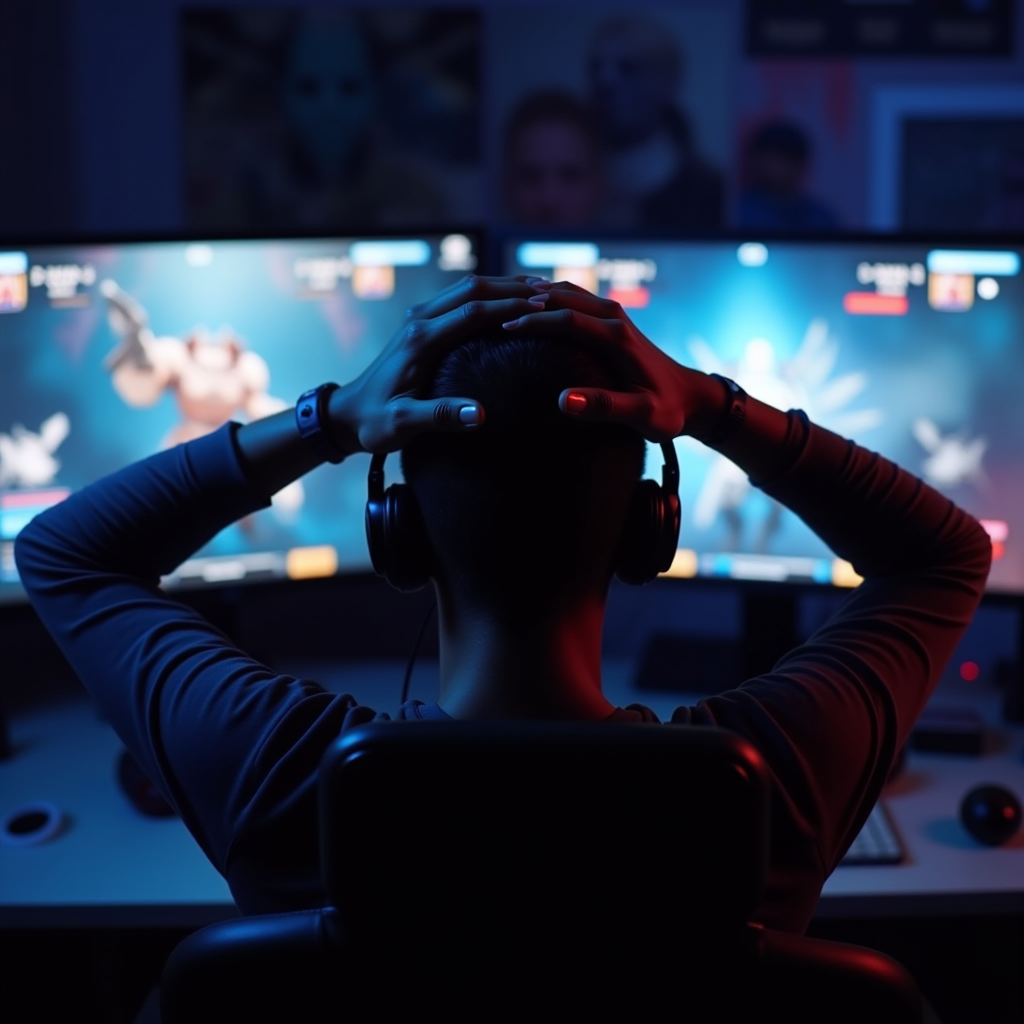 Close-up of a frustrated gamer with hands on head, sitting in front of multiple gaming monitors displaying a competitive multiplayer game, with dramatic lighting highlighting the tension and stress of competitive gaming