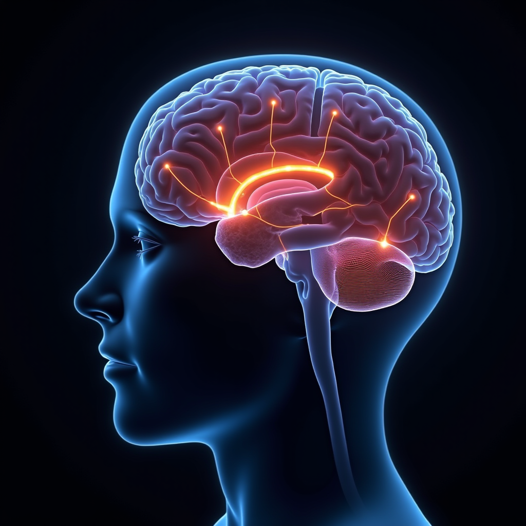 Scientific illustration showing a human brain with highlighted regions including the amygdala, prefrontal cortex, and limbic system, with glowing neural pathways indicating stress response activation during competitive gaming scenarios