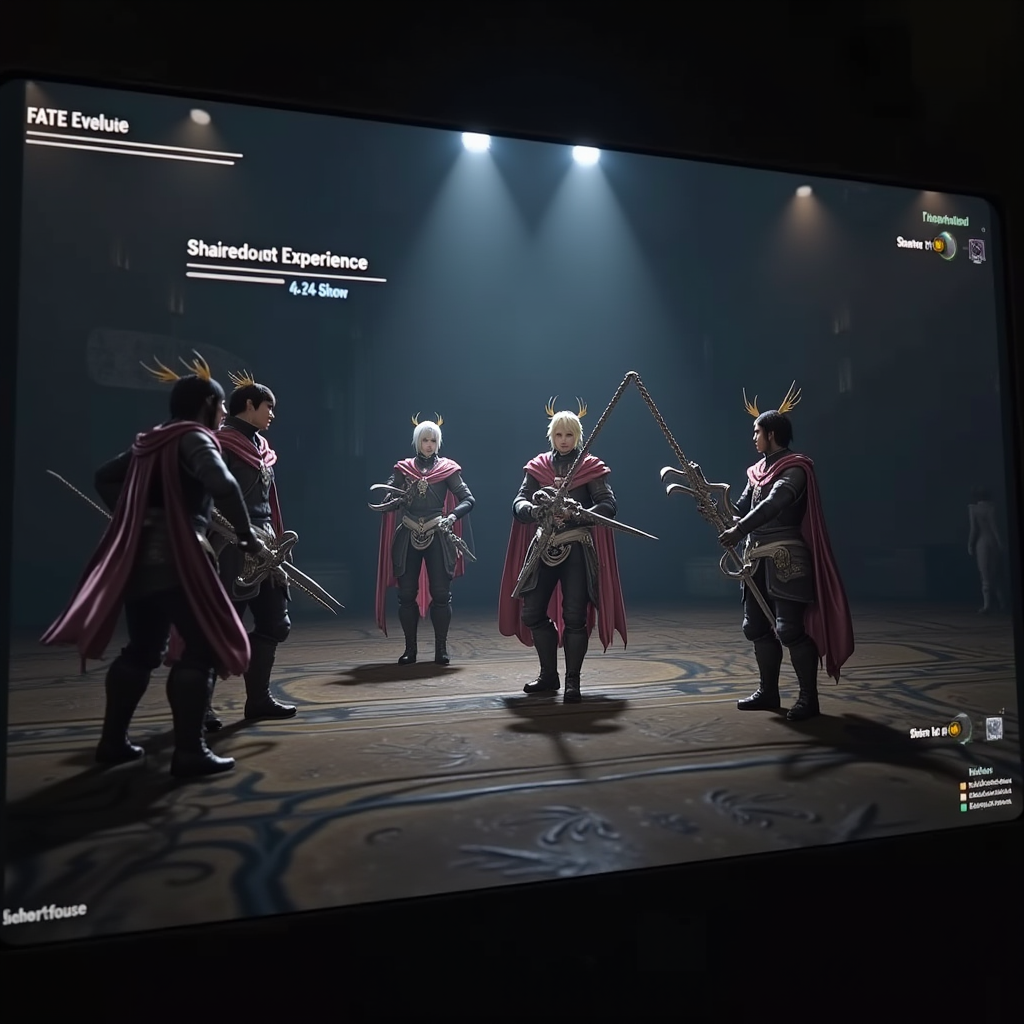 Screenshot showing multiple FFXIV players working together on a FATE event, with shared experience points and rewards displayed, illustrating the cooperative reward system that benefits all participants equally