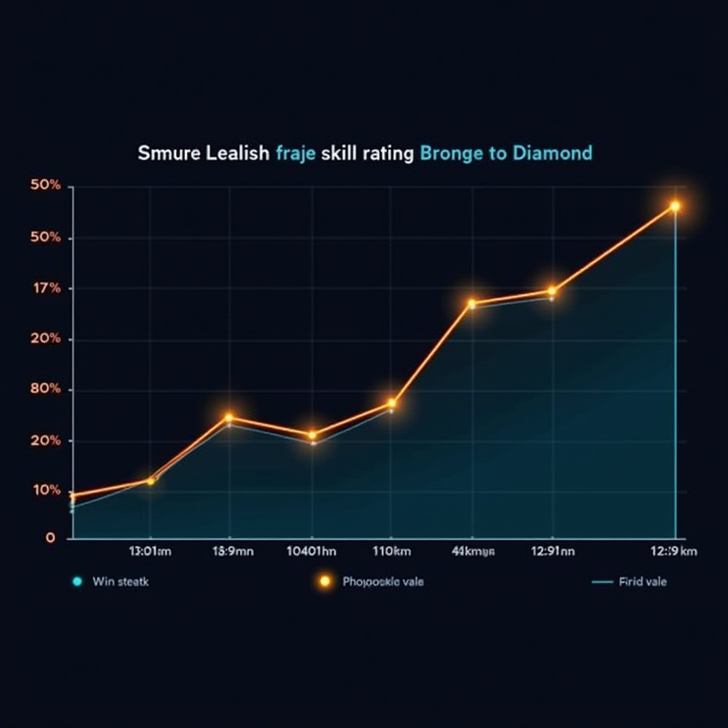 Detailed analytics graph displaying a smurf account's rapid skill rating climb from bronze to diamond rank over two weeks, with comparison to normal player progression curves and highlighted win streaks