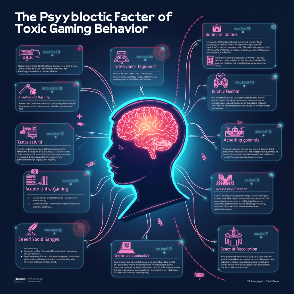 Conceptual illustration showing the psychological factors contributing to toxic gaming behavior, including anonymity, competition, social dynamics, and environmental triggers in online gaming spaces