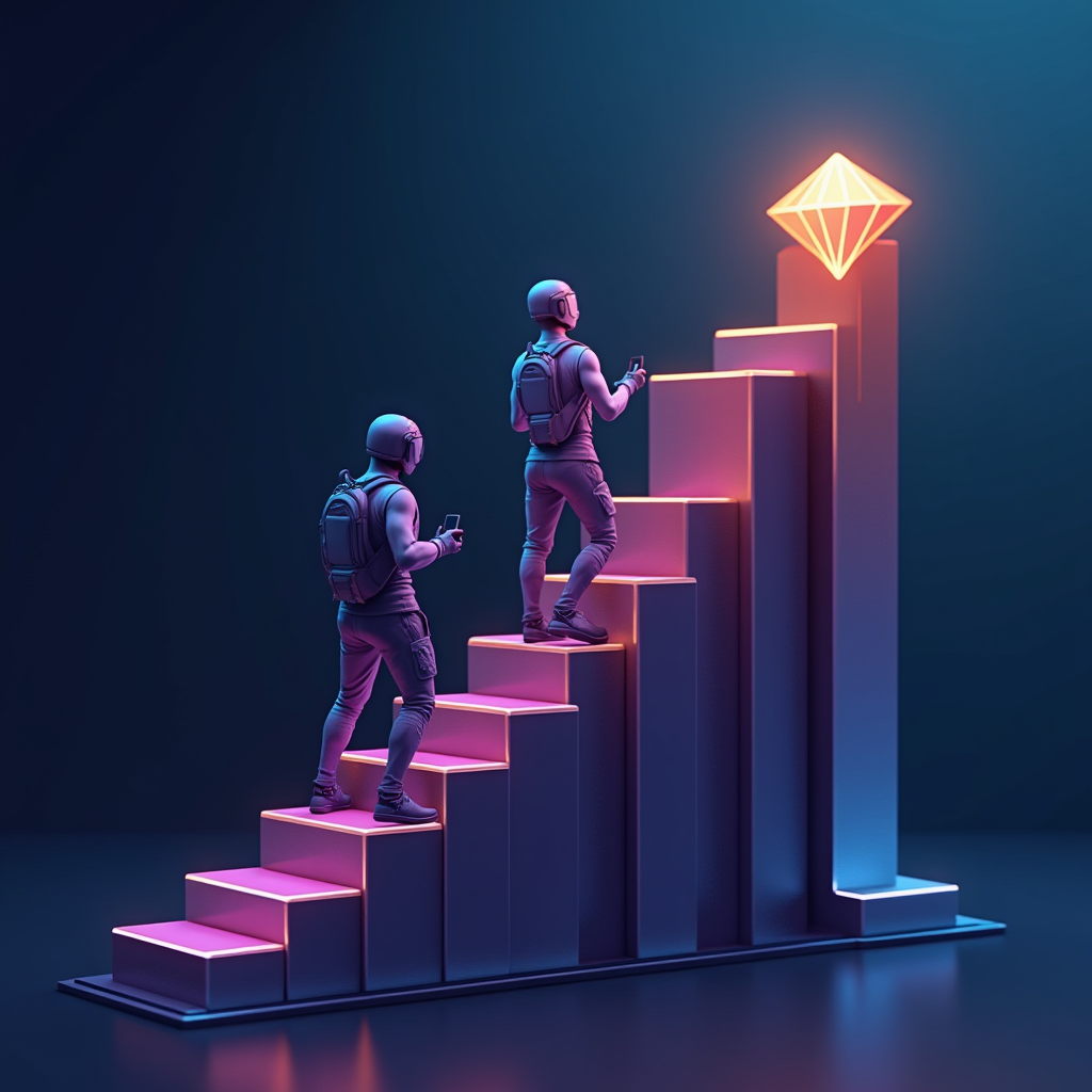 Digital illustration of a competitive gaming rank progression system showing bronze through diamond tiers, with a player avatar climbing the ranks, symbolizing the psychological investment in gaming achievement and status