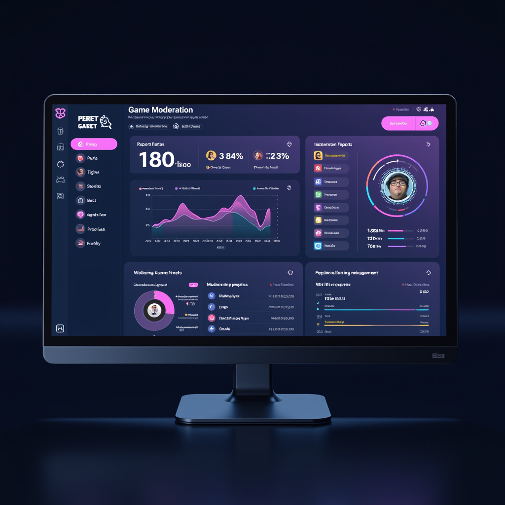 Modern game moderation dashboard interface showing reporting systems, player behavior analytics, automated detection tools, and community management features designed to combat toxic gaming behavior