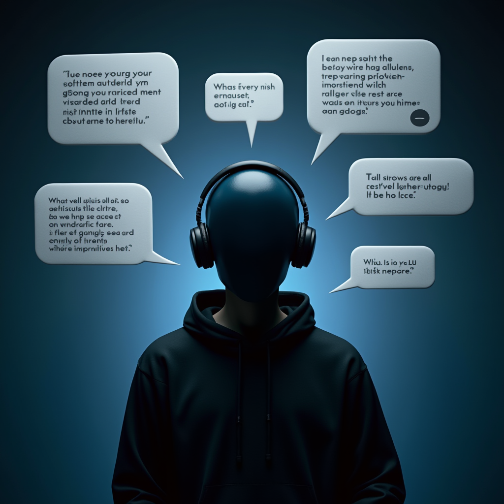 Artistic representation of a faceless gaming avatar surrounded by chat bubbles containing hostile messages, illustrating the concept of online anonymity enabling aggressive behavior in multiplayer gaming environments
