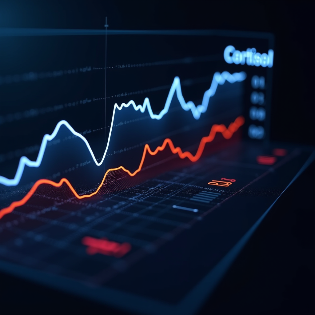 Scientific graph showing cortisol and adrenaline levels over time during a competitive gaming session, with peaks during critical moments and losses, illustrating the physiological stress response in competitive play