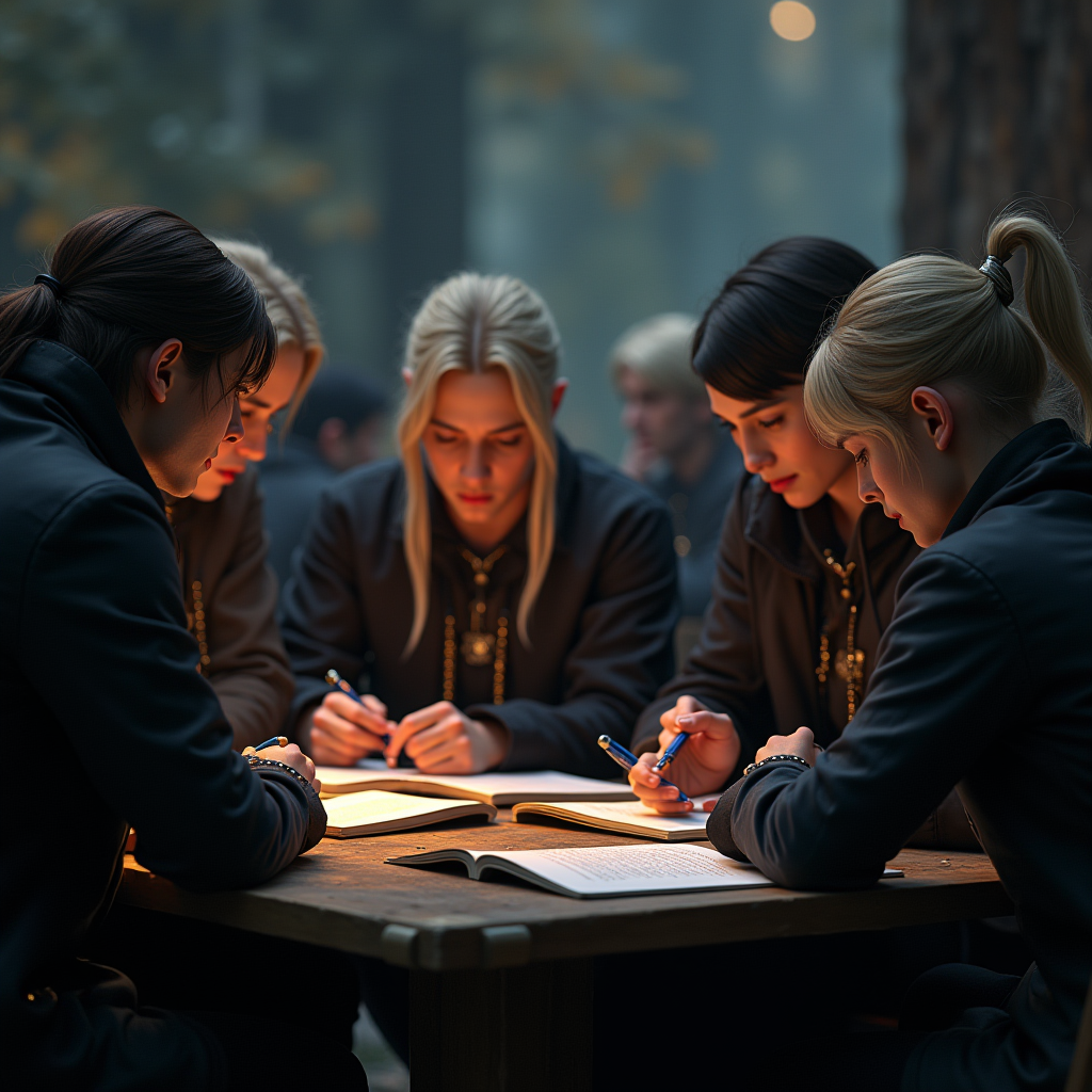 Group of FFXIV players in a raid environment, with experienced players patiently explaining mechanics to newer players using in-game markers and chat, showing a supportive learning atmosphere