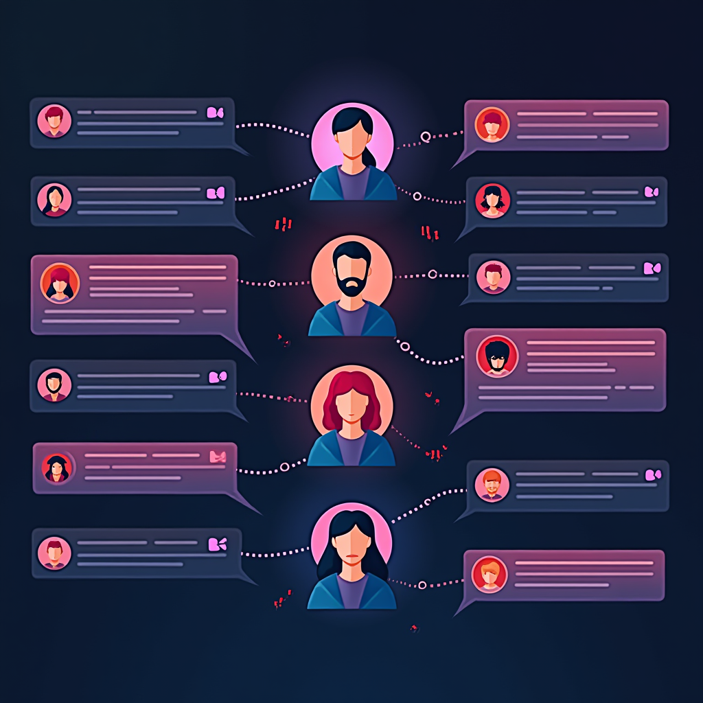 Illustration of a gaming team interface showing multiple player avatars with broken communication lines between them, red warning symbols, and hostile chat messages, representing the breakdown of team cohesion during toxic episodes