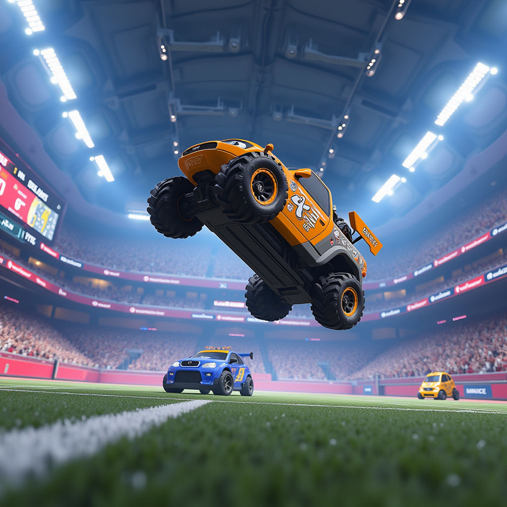 Action shot from Rocket League showing a player executing a complex ceiling shot aerial maneuver in a bronze-ranked match, with scoreboard showing massive skill disparity and opponent cars positioned for basic ground play