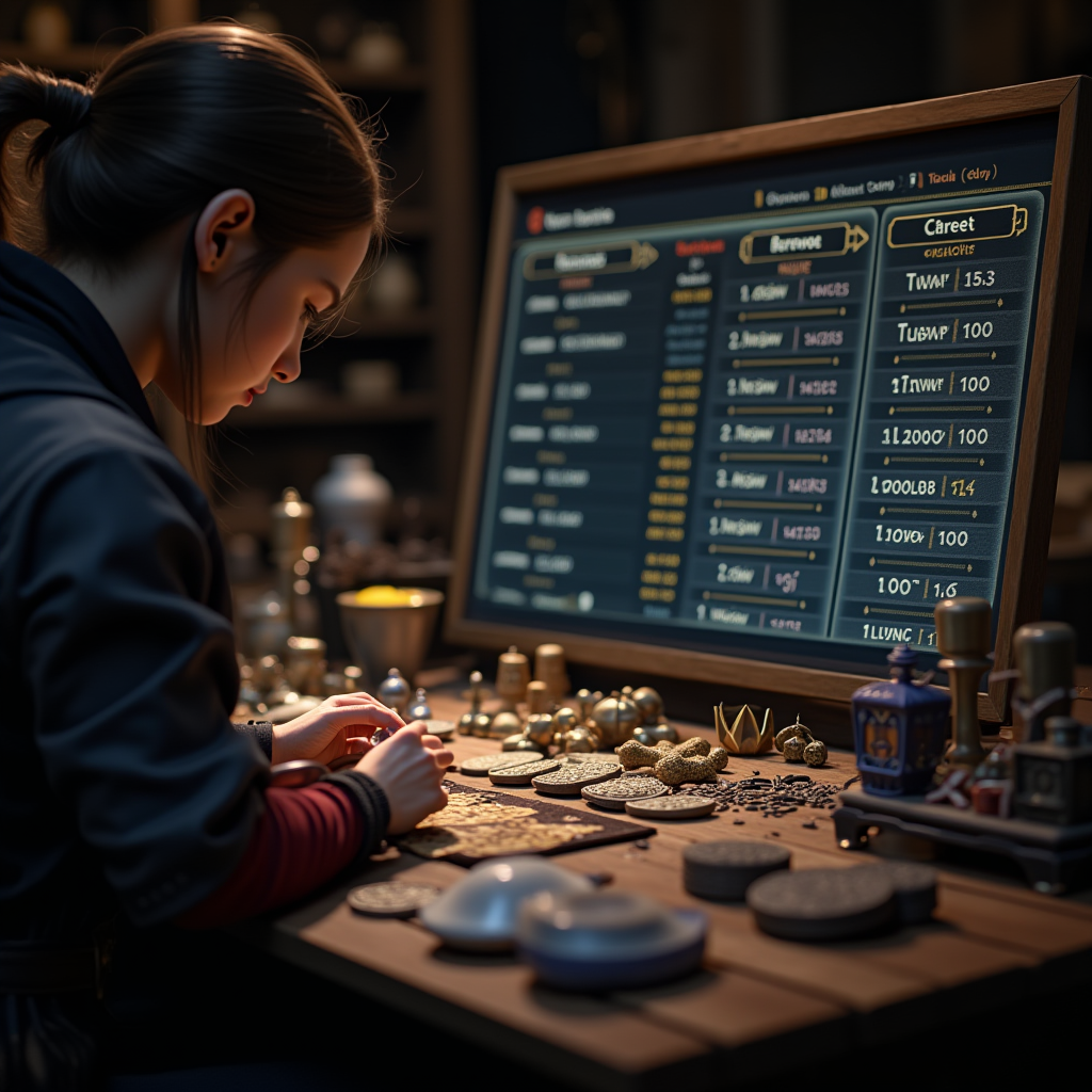 FFXIV crafting interface showing a player creating high-quality items, with market board prices visible in the background, illustrating the accessible and fair economic system