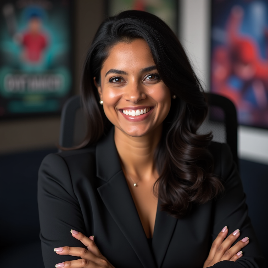 Professional headshot of Priya Patel, content strategist and writer, smiling warmly in business casual attire with gaming posters visible in background