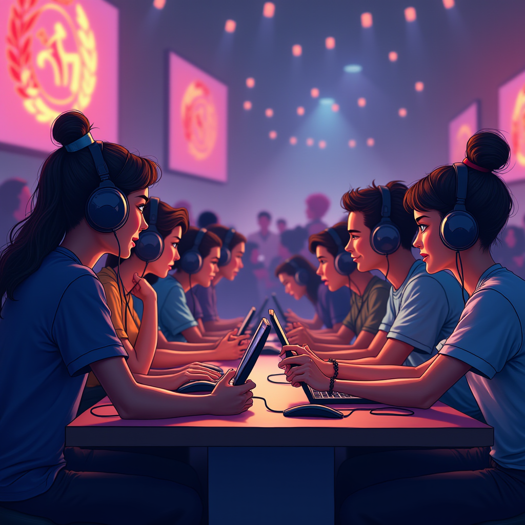 Optimistic illustration depicting a diverse group of Valorant players collaborating positively in a competitive match, representing the future of healthy gaming communities with effective moderation systems