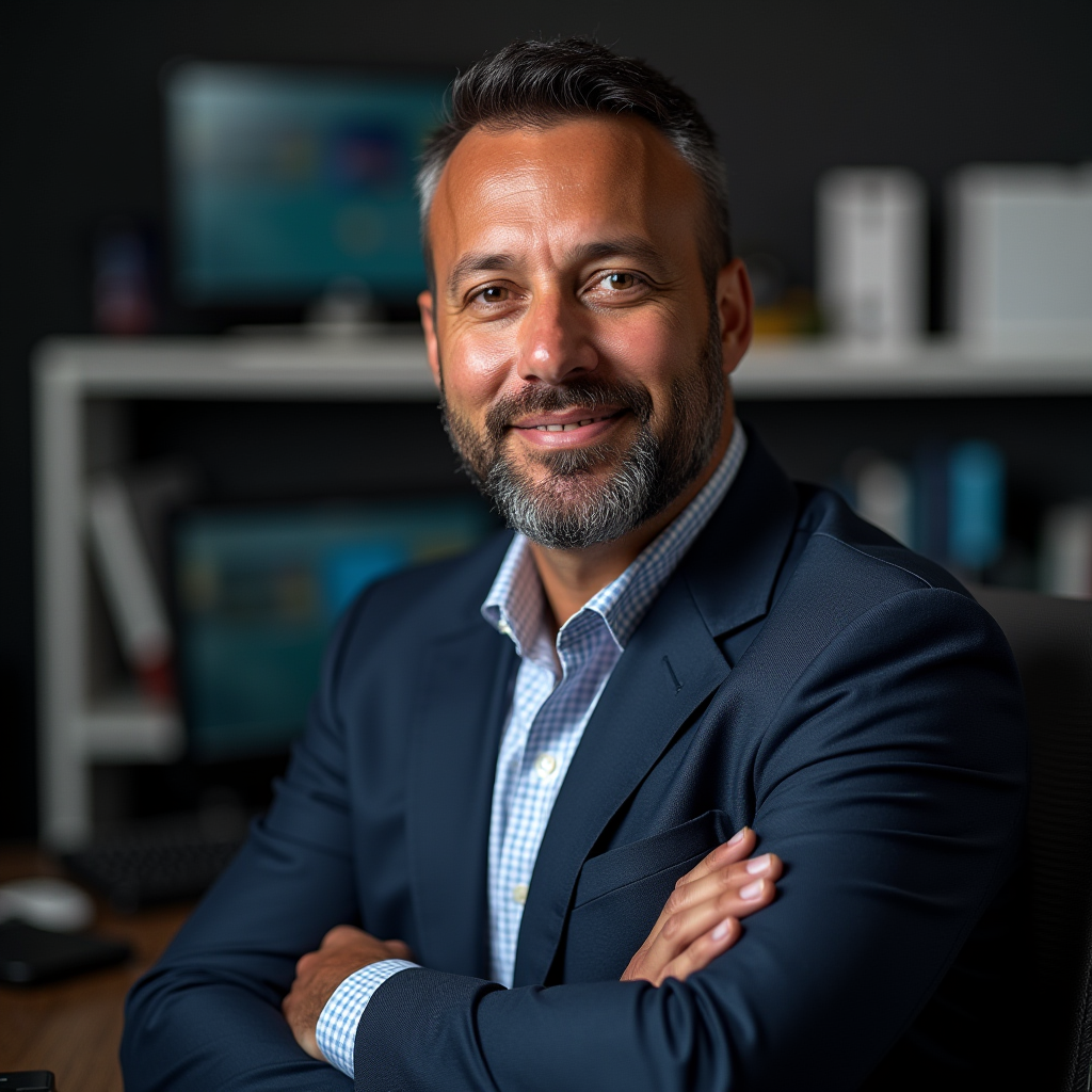 Professional headshot of Marcus Johnson, game design consultant and advisor, in professional attire with game development tools visible in background