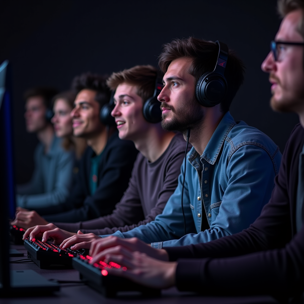 Diverse group of gamers of various skill levels playing together in a positive competitive environment, with visible rank badges showing appropriate matchmaking and engaged, focused expressions